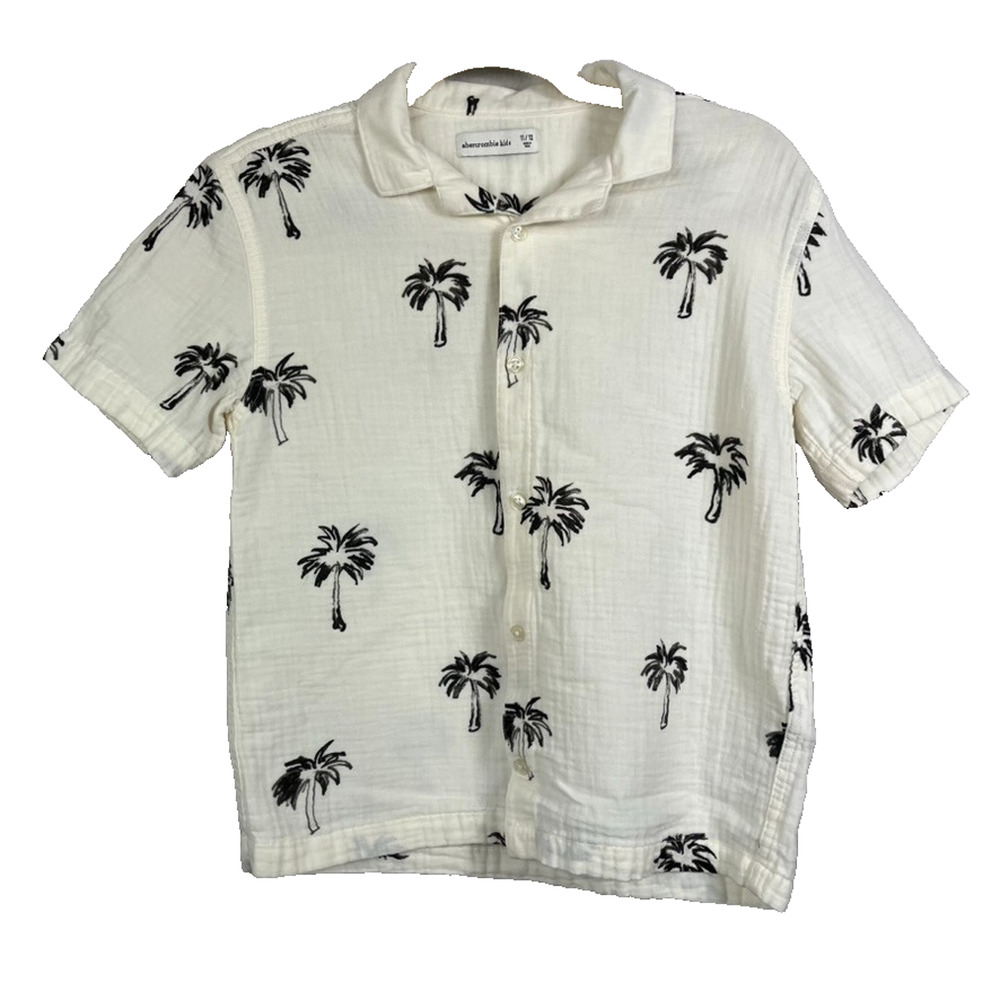 Abercrombie Kids Boy's 11/12 Button Up Short Sleeve Palm Tree Black Cream Gauze